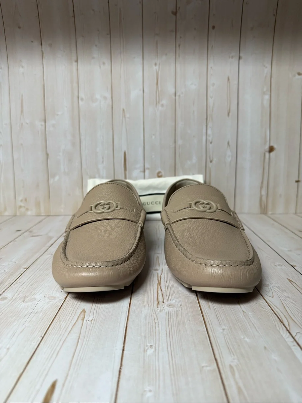 Gucci Interlocking G Leather Driver Loafer Beige/Taupe Sz 8G / 8.5US